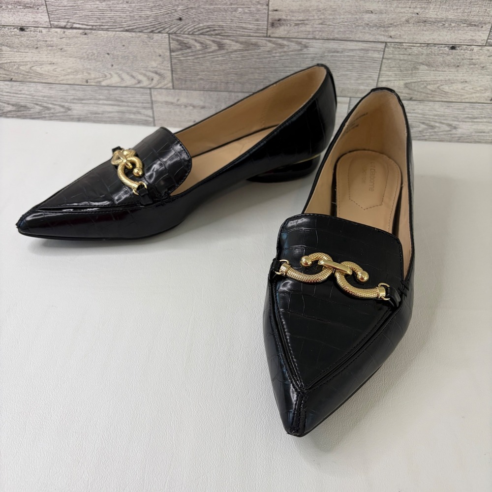 Liz Claiborne Essex Loafers Women 9 Black Croc Embossed Gold Hardware Flats